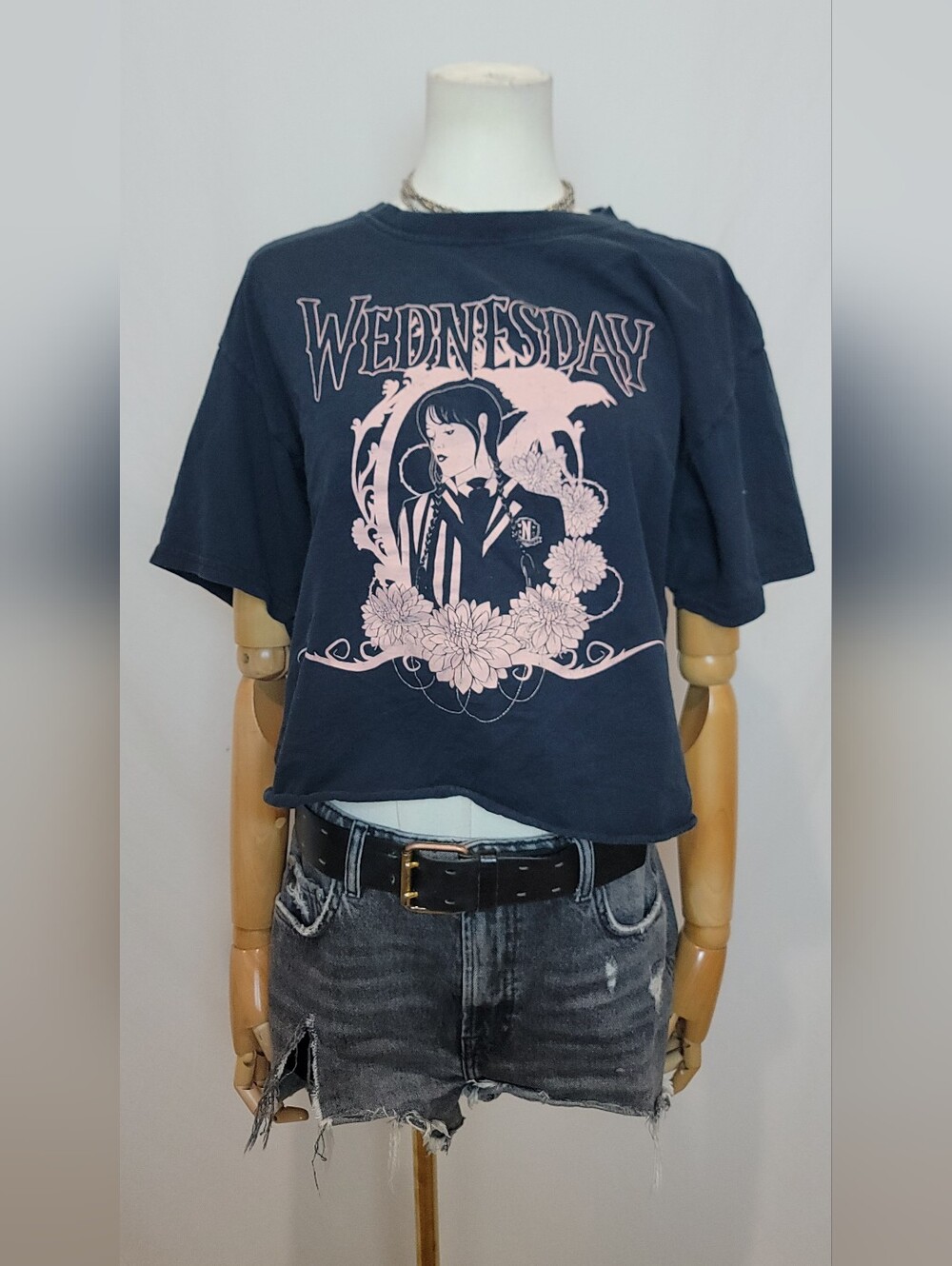 Wednesday Addams Cropped Graphic Crop Tee in Black & Pale Pink, Size Large